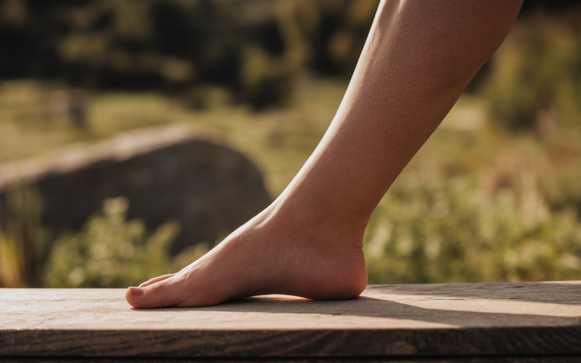 Un pied nu posé sur une surface en bois, avec un arrière-plan nature flou et ensoleillé, suggérant une ambiance sereine.