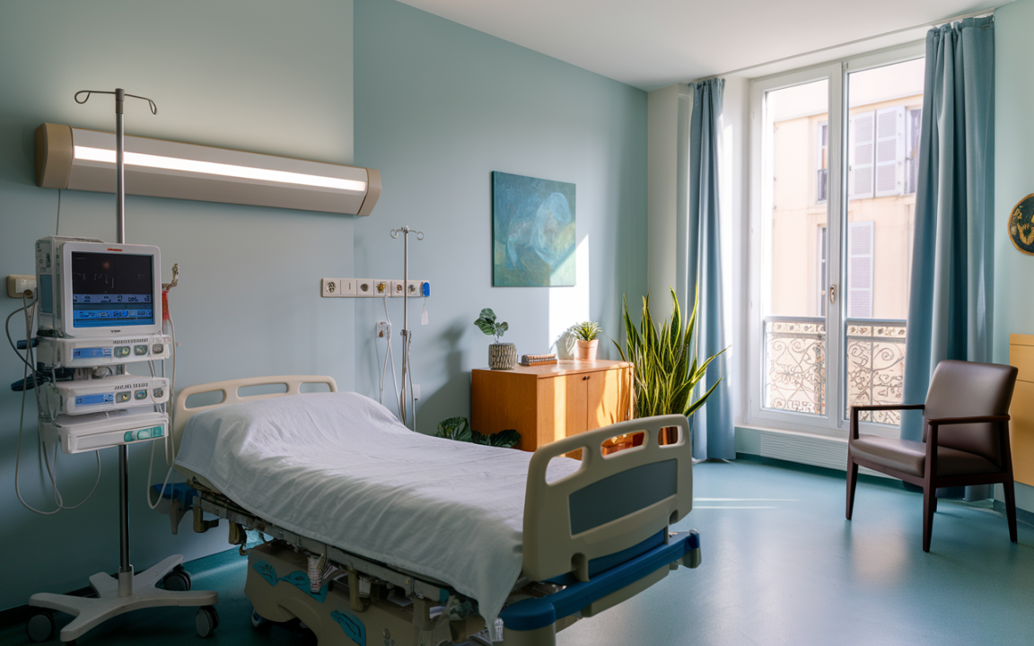 Chambre d'hôpital avec un lit, des équipements médicaux, des plantes, une fenêtre éclairante et un fauteuil en bois.