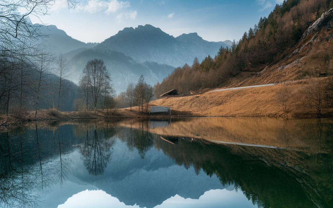 Paysage montagneux avec un lac calme, des arbres sans feuilles en bordure, et un bâtiment rustic sur la berge. Reflet dans l'eau.