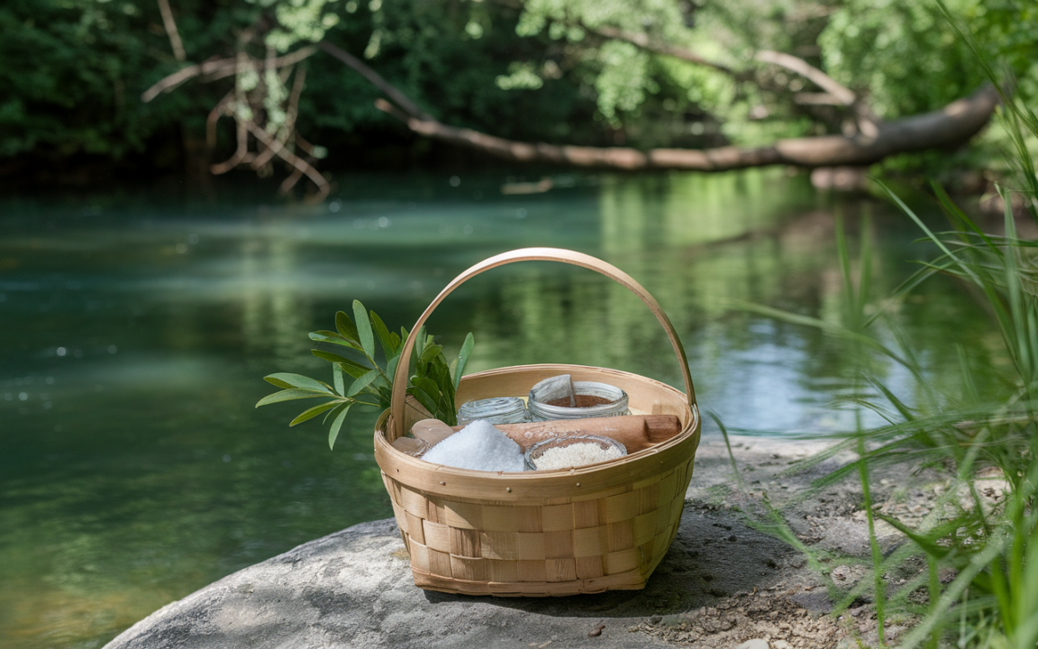 Panier en osier posé sur une pierre, rempli de bocaux et d'ingrédients, avec une rivière et des arbres en arrière-plan.