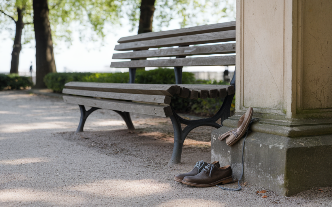 Chaussures en cuir sur le sol près d'un banc, entourées d'un parc verdoyant avec des arbres en arrière-plan.