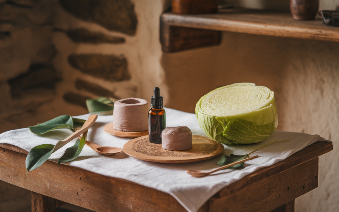 Table en bois avec un chou, des produits cosmétiques naturels, des cuillères en bois et des feuilles vertes sur un tissu clair.