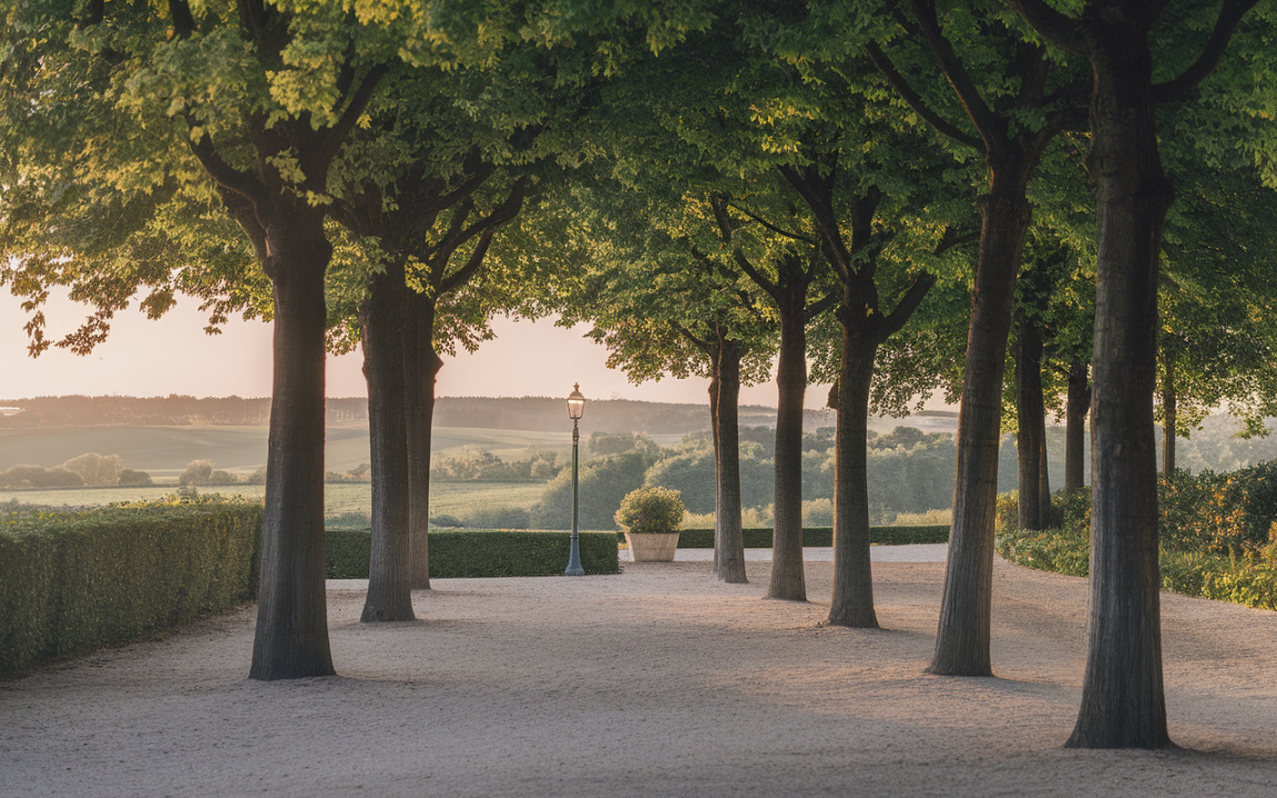 Allée ombragée avec des arbres verts, lampadaire et vue sur un paysage champêtre au lever du soleil.
