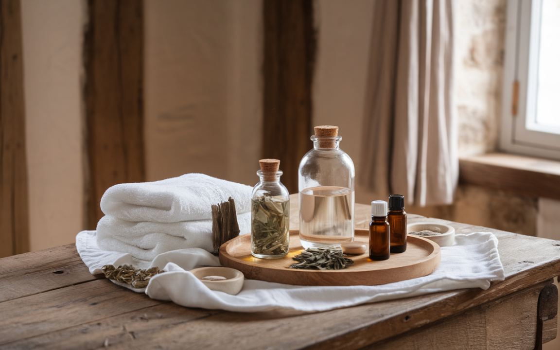 Produits de bien-être sur une table en bois : huiles essentielles, herbes, flacons en verre, serviettes blanches et tissu doux.