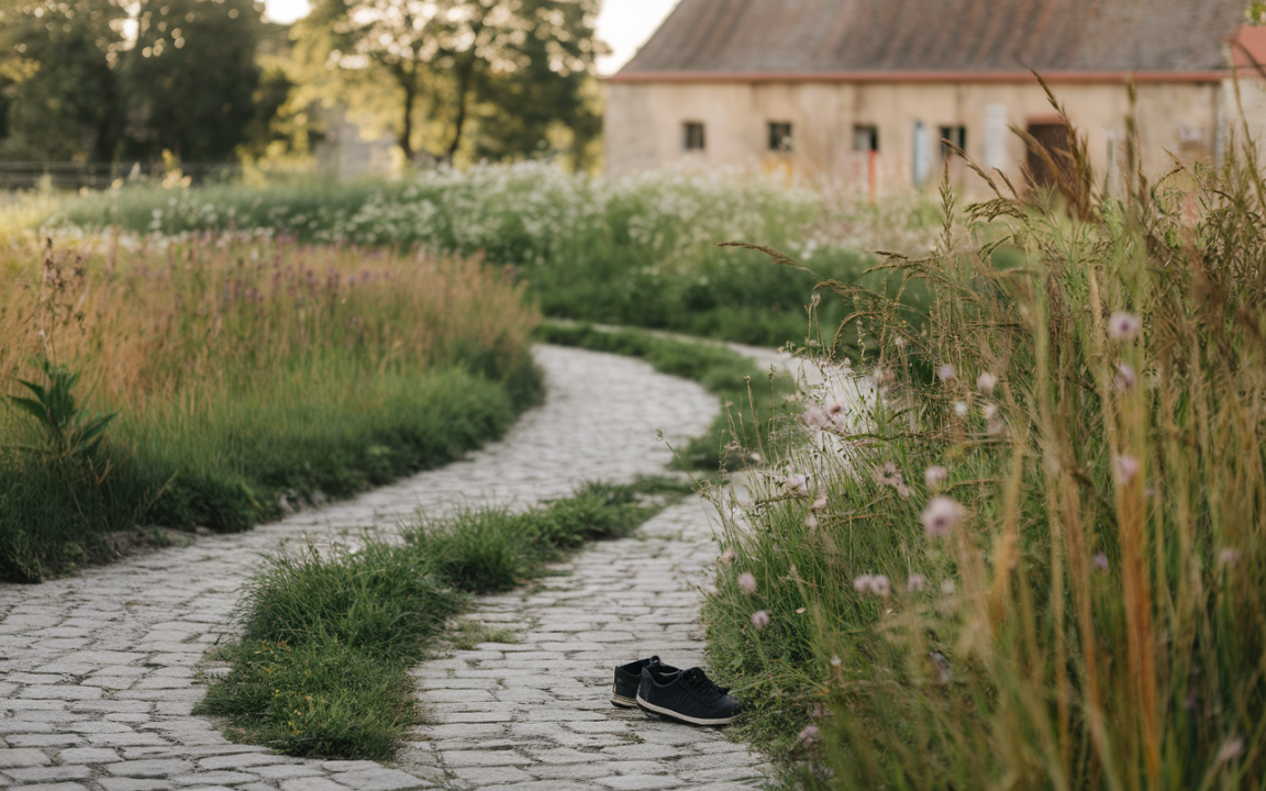 Un chemin en pavés serpentant à travers un champ de fleurs et d'herbes, avec une chaussure noire abandonnée sur la route.
