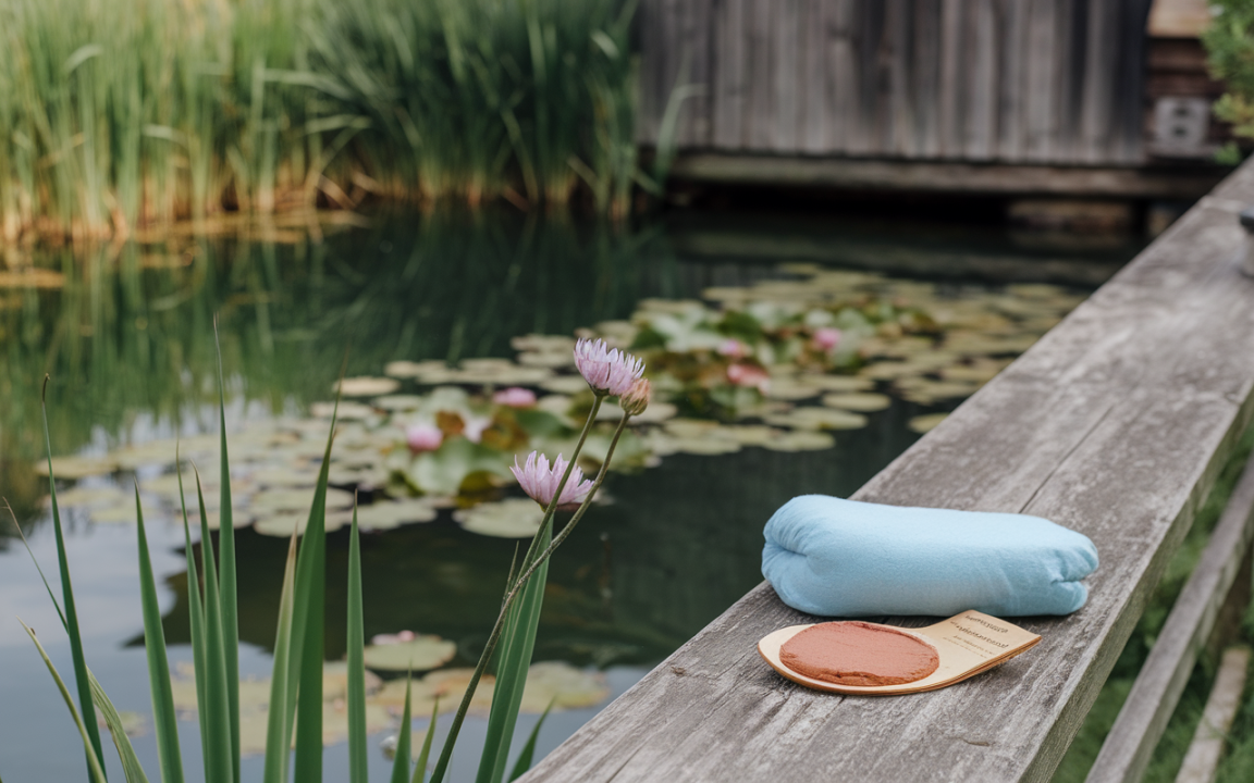 Un plaid bleu et un plateau avec un produit sur le bord d'un étang, entouré de fleurs de nénuphar.