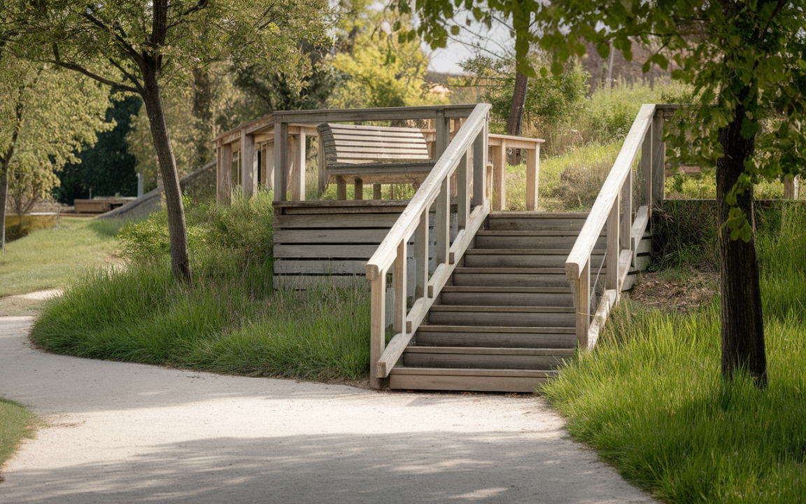 Escaliers en bois menant à une plateforme surélevée avec un banc, entourée de verdure et d'herbe luxuriante.