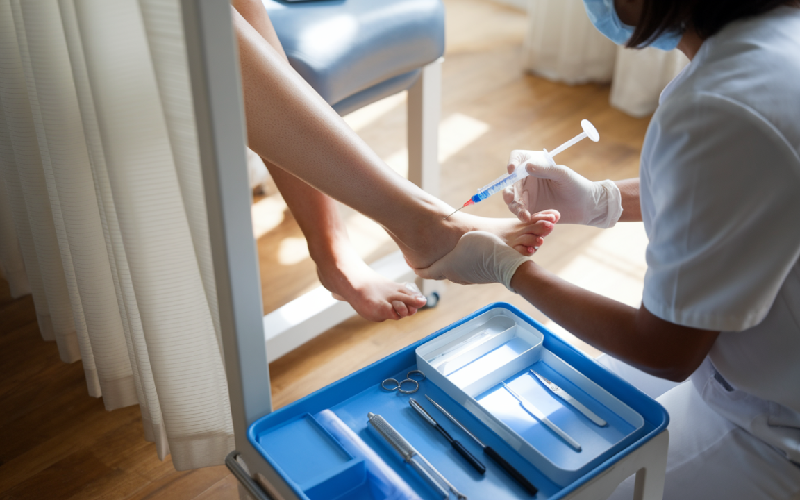 Une professionnelle de santé administre une injection au pied d'un patient dans un cadre médical. Des instruments sont visibles sur une table.