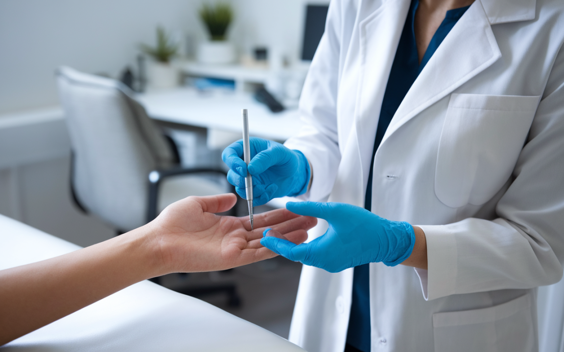 Médecin en blouse blanche et gants bleus examine la main d'un patient avec un stylo en position d'évaluation. Environnement médical.