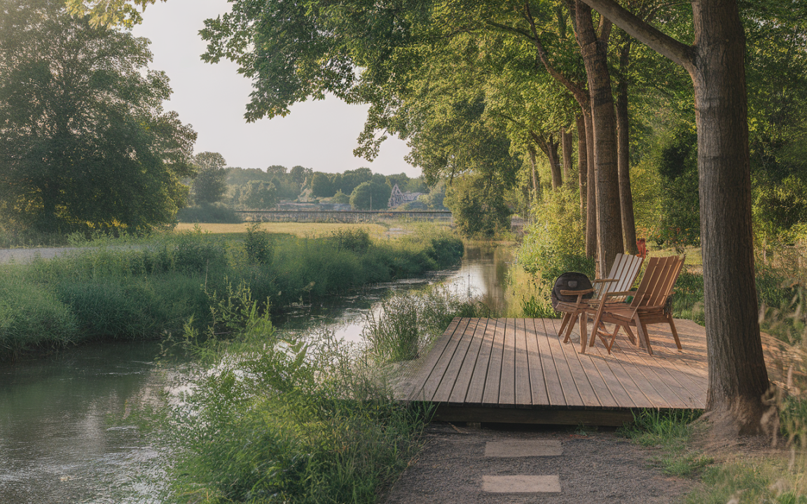 Terrasse en bois au bord d'un canal, avec des chaises en bois, entourée d'arbres et de verdure. Lumière douce du soir.