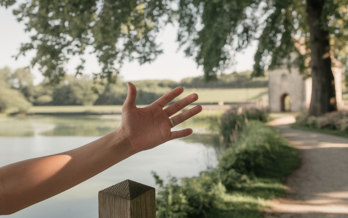 Main tendue vers un lac, entourée d'arbres et de verdure, avec un chemin menant à un bâtiment ancien.