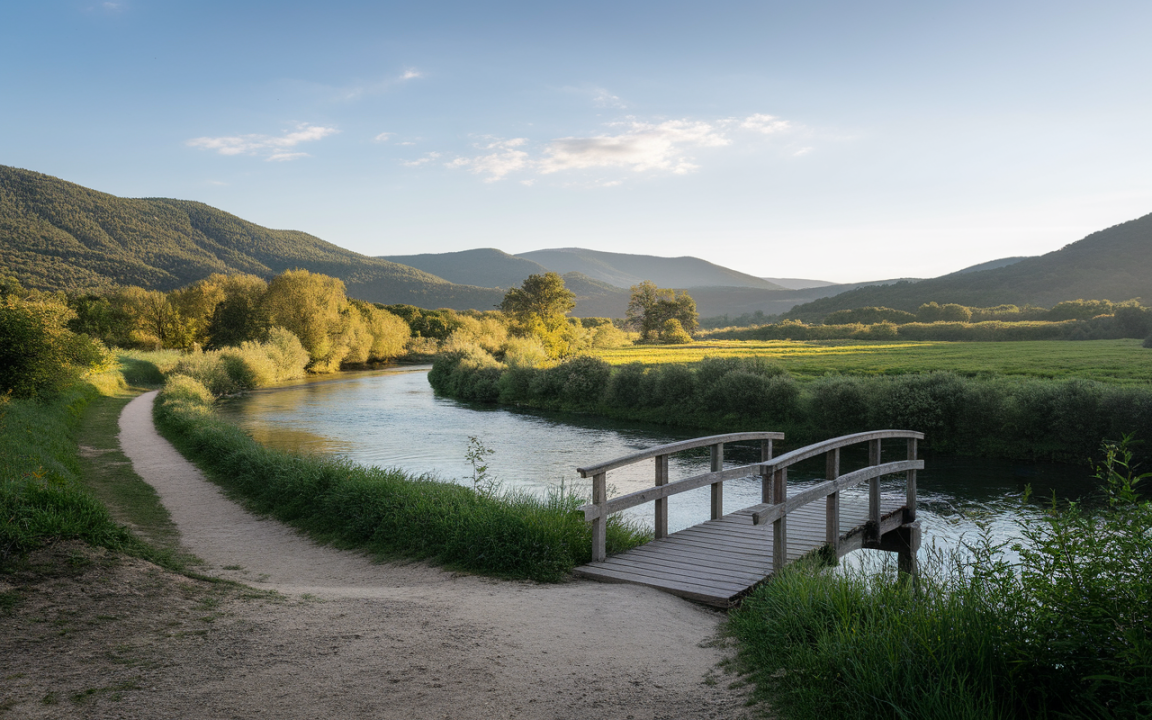 Paysage paisible avec un chemin, un ruisseau, un pont en bois et des collines verdoyantes sous un ciel bleu.