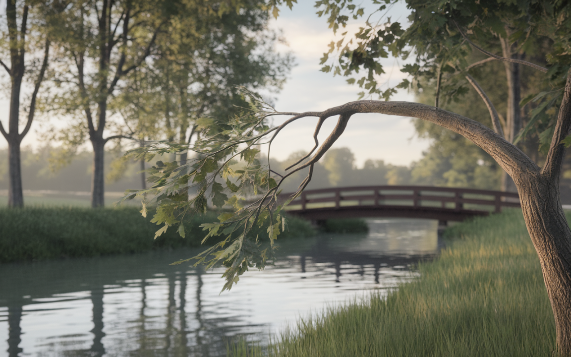 Rivière calme bordée d'arbres, brume légère, un pont en bois au loin, feuilles vertes touchant l'eau.
