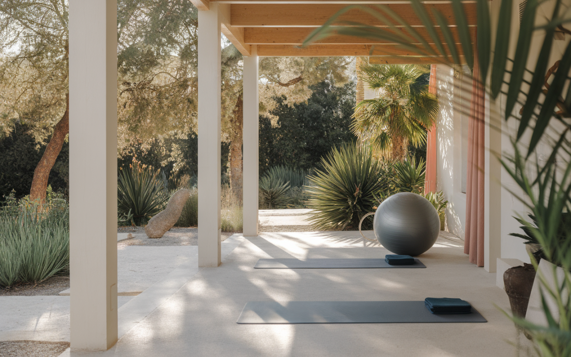 Espace de yoga extérieur avec deux tapis, un ballon d'exercice et de la verdure environnante, sous une structure moderne.