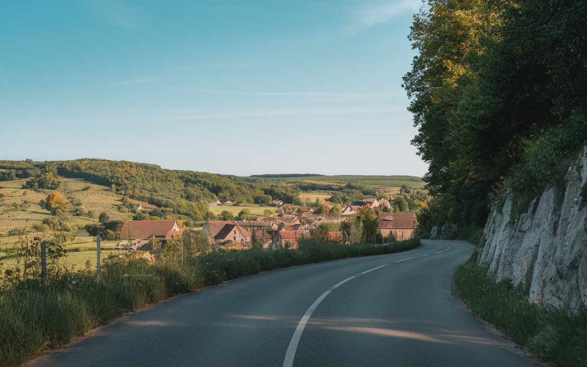 Un paysage rural avec une route sinueuse, des maisons en pierre, des collines verdoyantes et un ciel bleu dégagé.