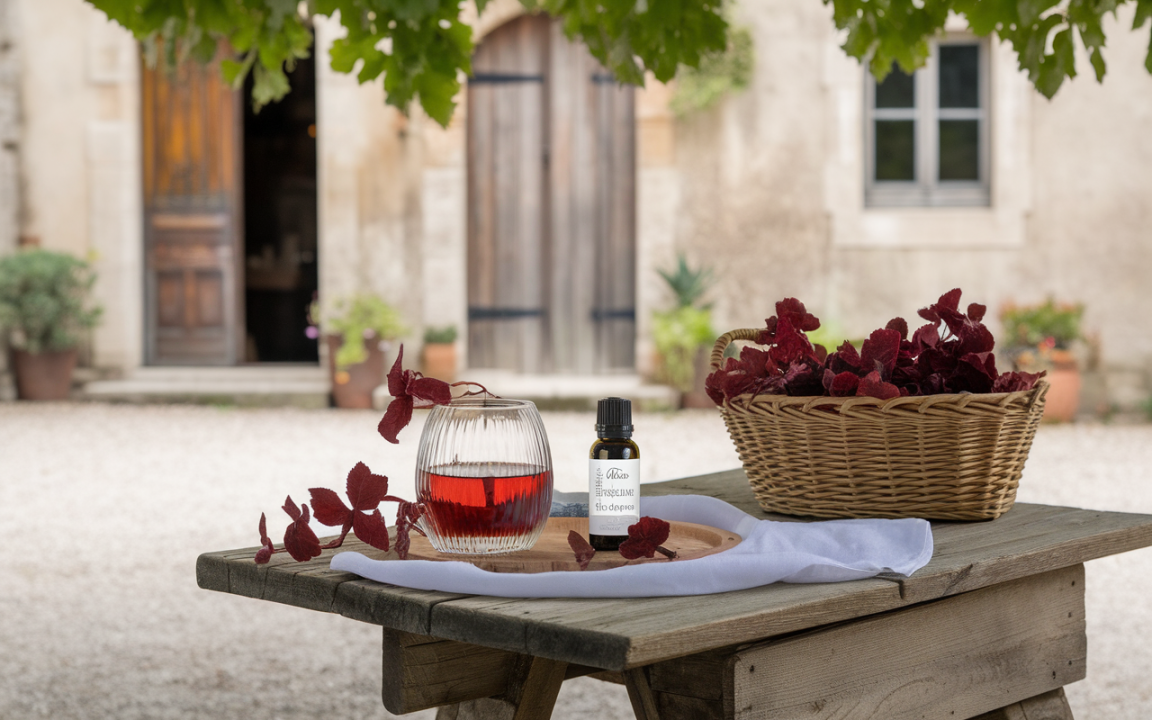 Verre de boisson rouge avec une bouteille d’huile essentielle et un panier de feuilles séchées, sur une table en bois extérieure.