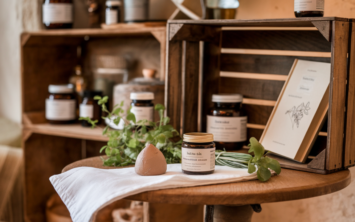 Produits de beauté naturels sur une table en bois, comprenant un pot, un produit en argile et des herbes fraîchement coupées.