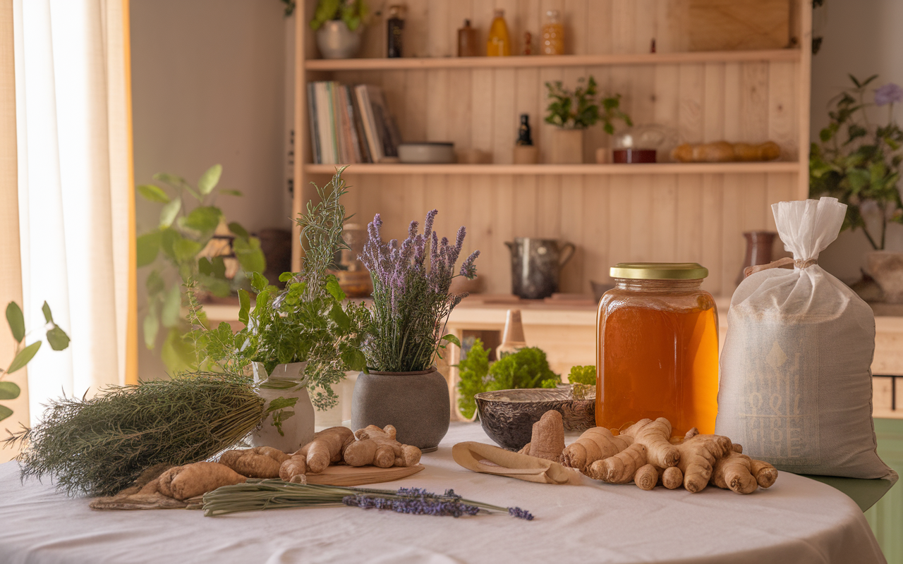 Table décorée avec divers herbes, racines, un pot de miel, et un sac de farine, dans une cuisine lumineuse.
