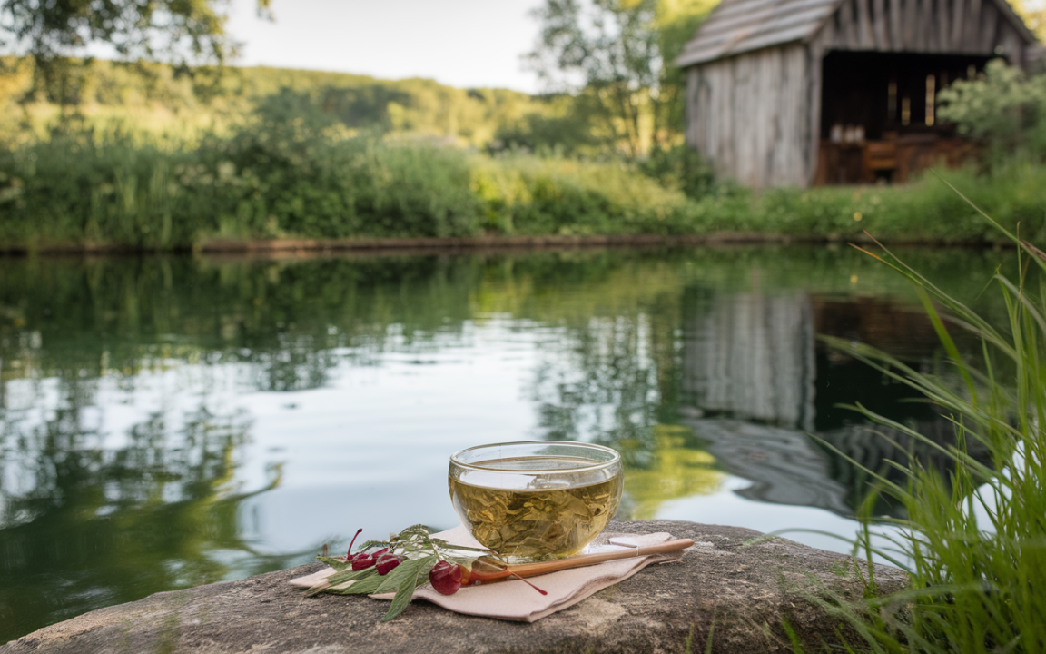 Un verre de thé posé sur une pierre au bord d'un étang, avec une cabane en bois en arrière-plan.