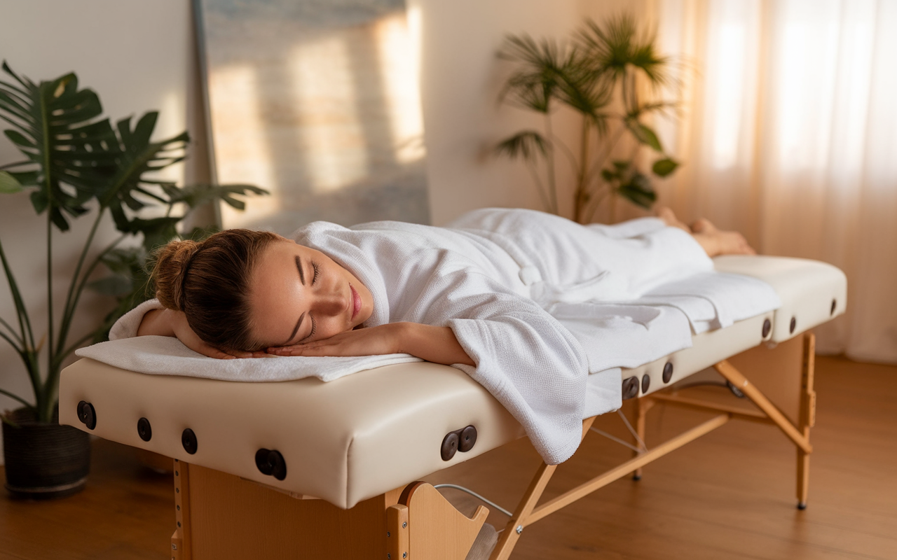 Femme détendue sur une table de massage, vêtue d'une robe de bain blanche, dans un environnement apaisant avec plantes.