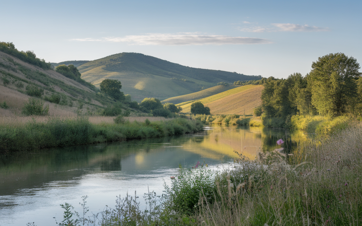 Paysage naturel avec une rivière tranquille, des collines verdoyantes et des arbres, sous un ciel clair et ensoleillé.