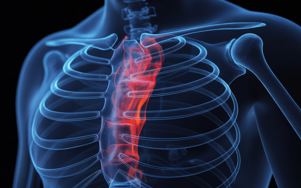 Image d'une radiographie du thorax montrant la colonne vertébrale en rouge, entourée de côtes translucides. Fond noir.