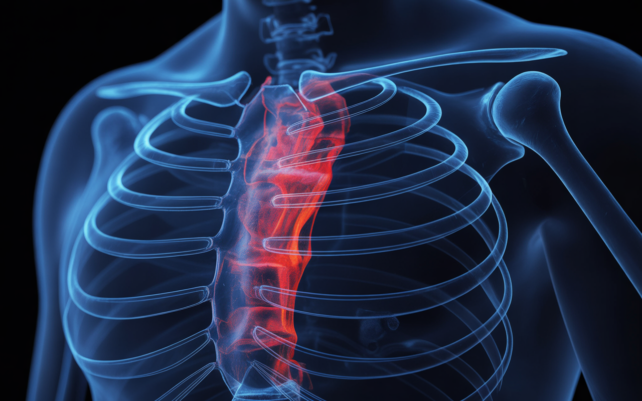 Image d'une radiographie du thorax montrant la colonne vertébrale en rouge, entourée de côtes translucides. Fond noir.