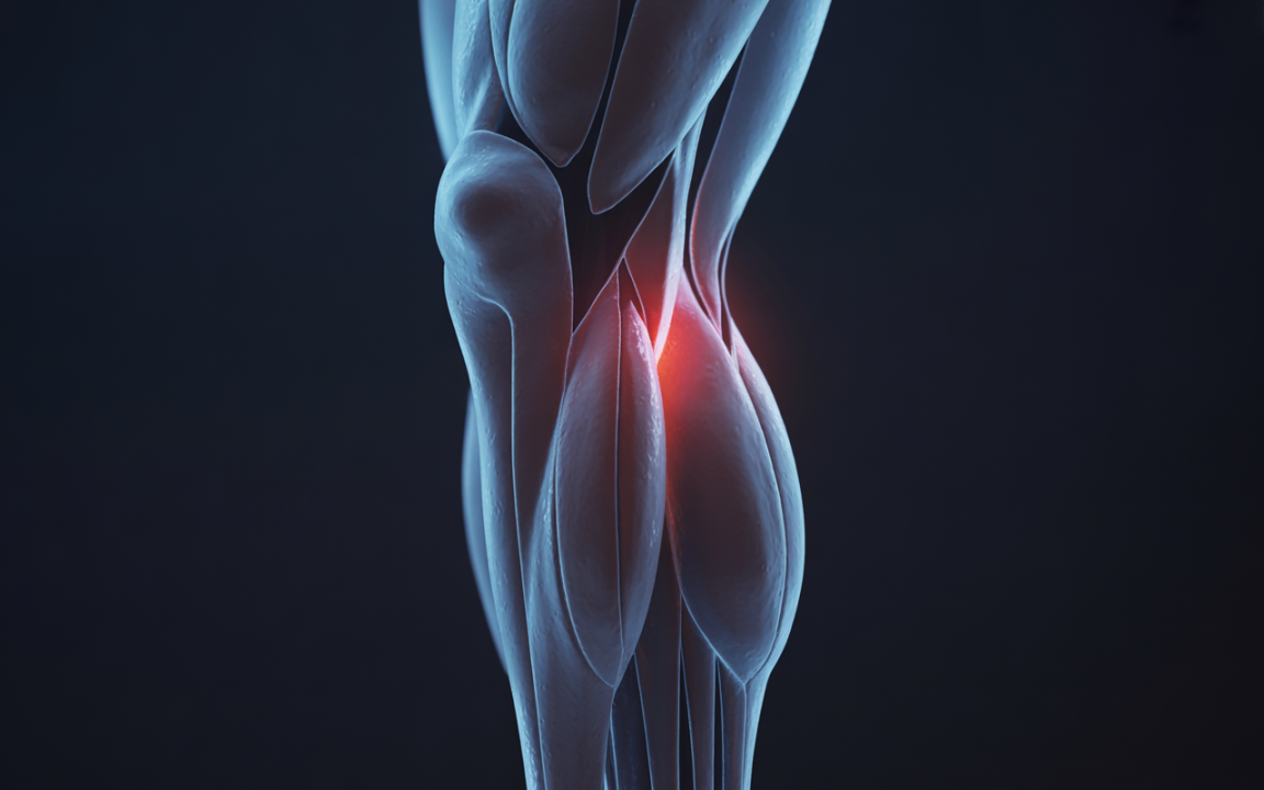Illustration anatomique du genou avec un éclairage mettant en évidence une zone rouge, représentant une inflammation ou une douleur.