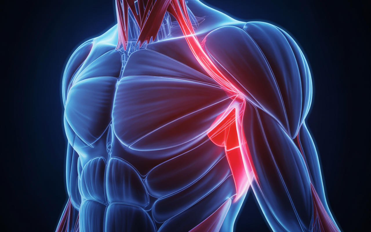 Modèle anatomique illustrant les muscles du torse, avec des détails en surbrillance pour montrer la structure musculaire et les insertions.