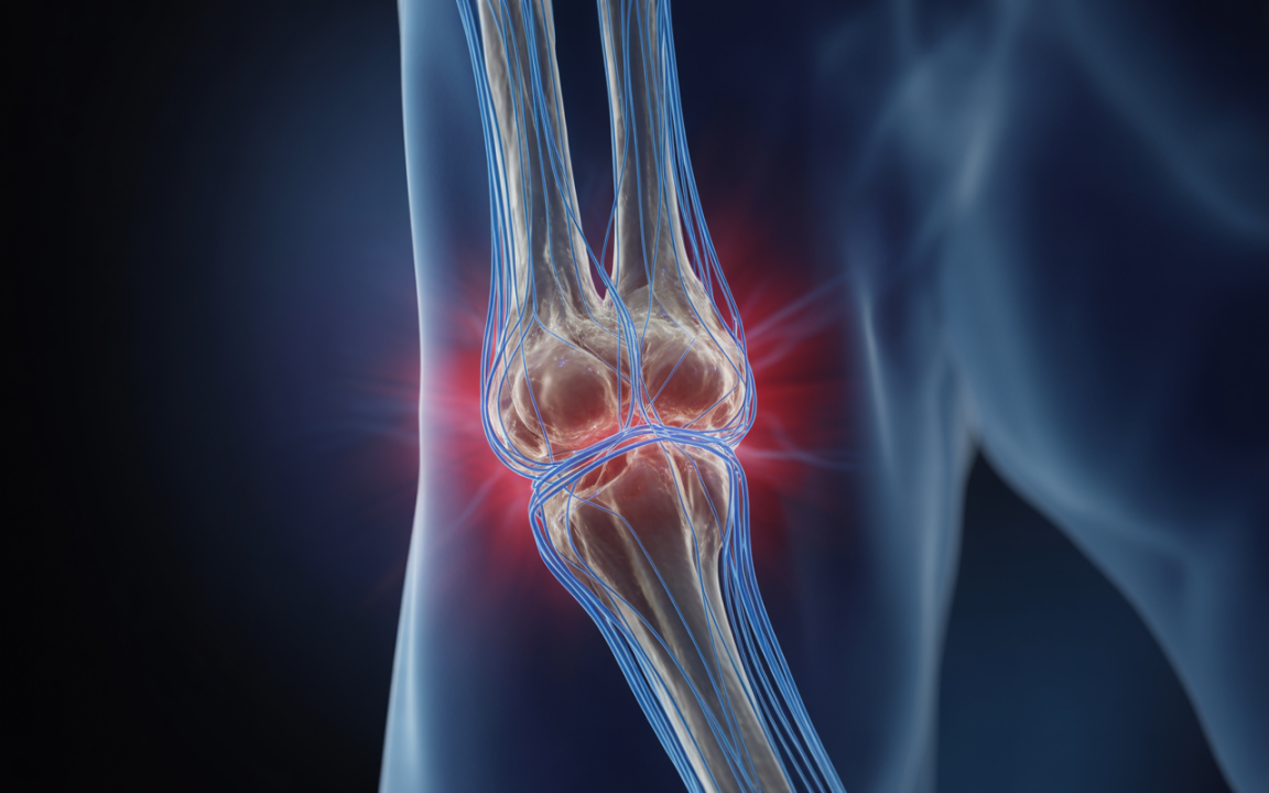 Illustration d'un genou humain avec des structures osseuses et des vaisseaux sanguins, mettant en évidence une inflammation.
