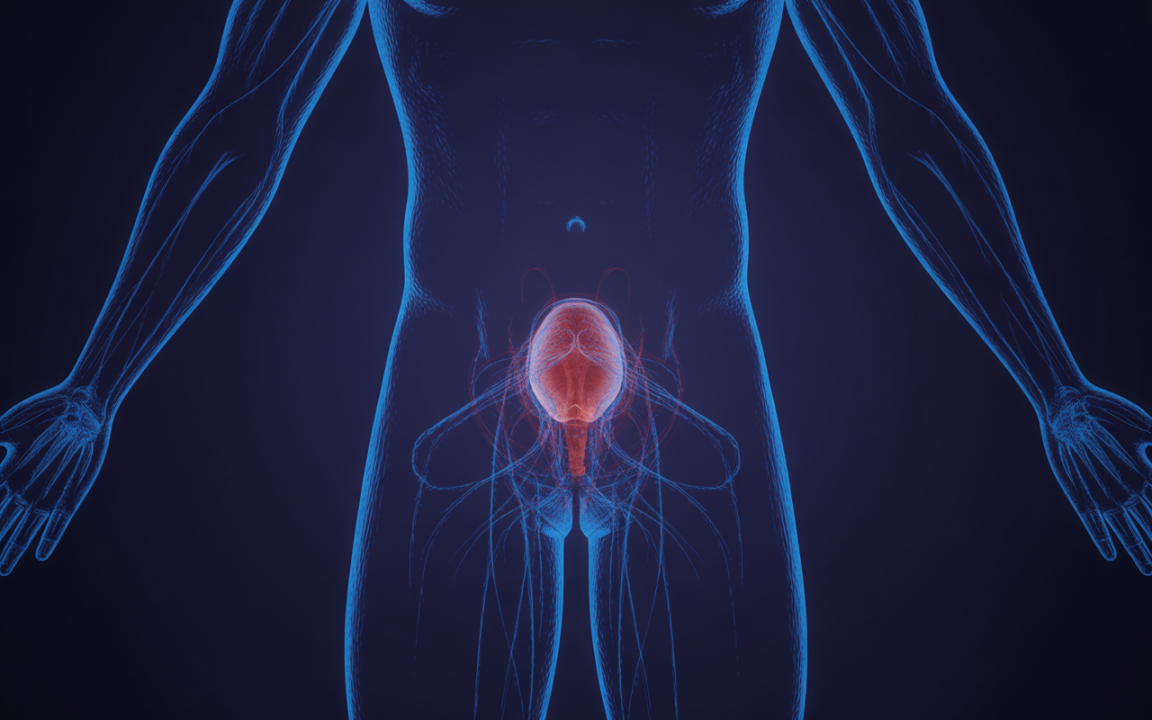Illustration d'un corps humain en vue frontale, mettant en évidence les organes génitaux en rouge et les contours en bleu lumineux.