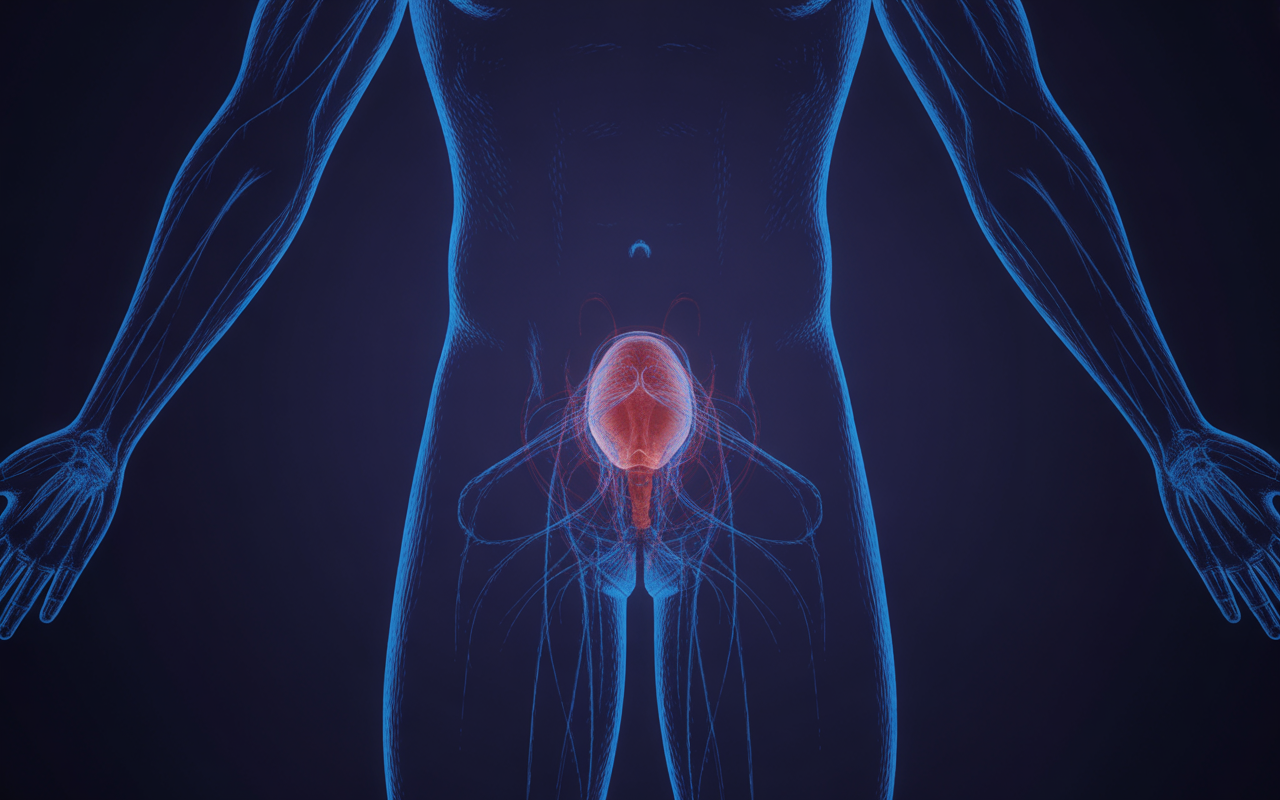Illustration d'un corps humain en vue frontale, mettant en évidence les organes génitaux en rouge et les contours en bleu lumineux.