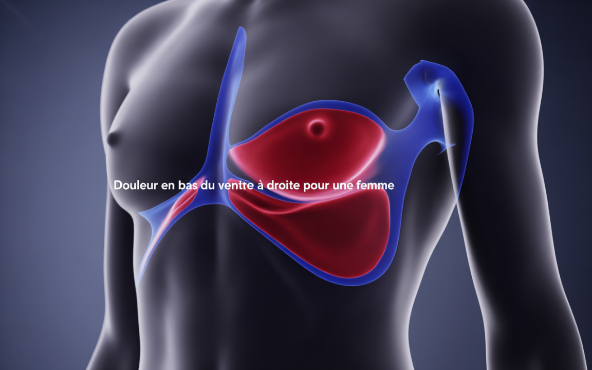 Illustration anatomique mettant en évidence une douleur localisée en bas du ventre à droite pour une femme.