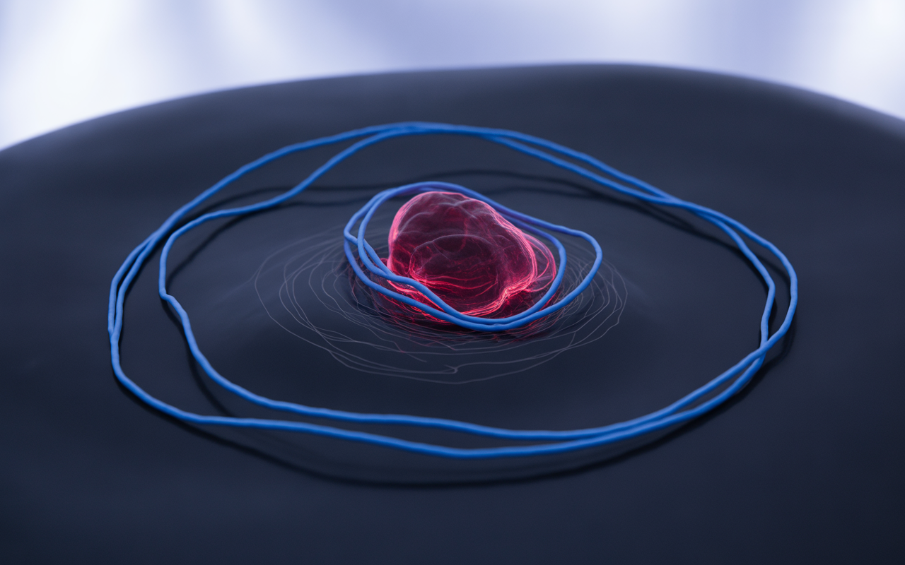 Pulsation d'une forme organique rouge entourée de fils bleus sur un fond noir, créant un contraste visuel saisissant.