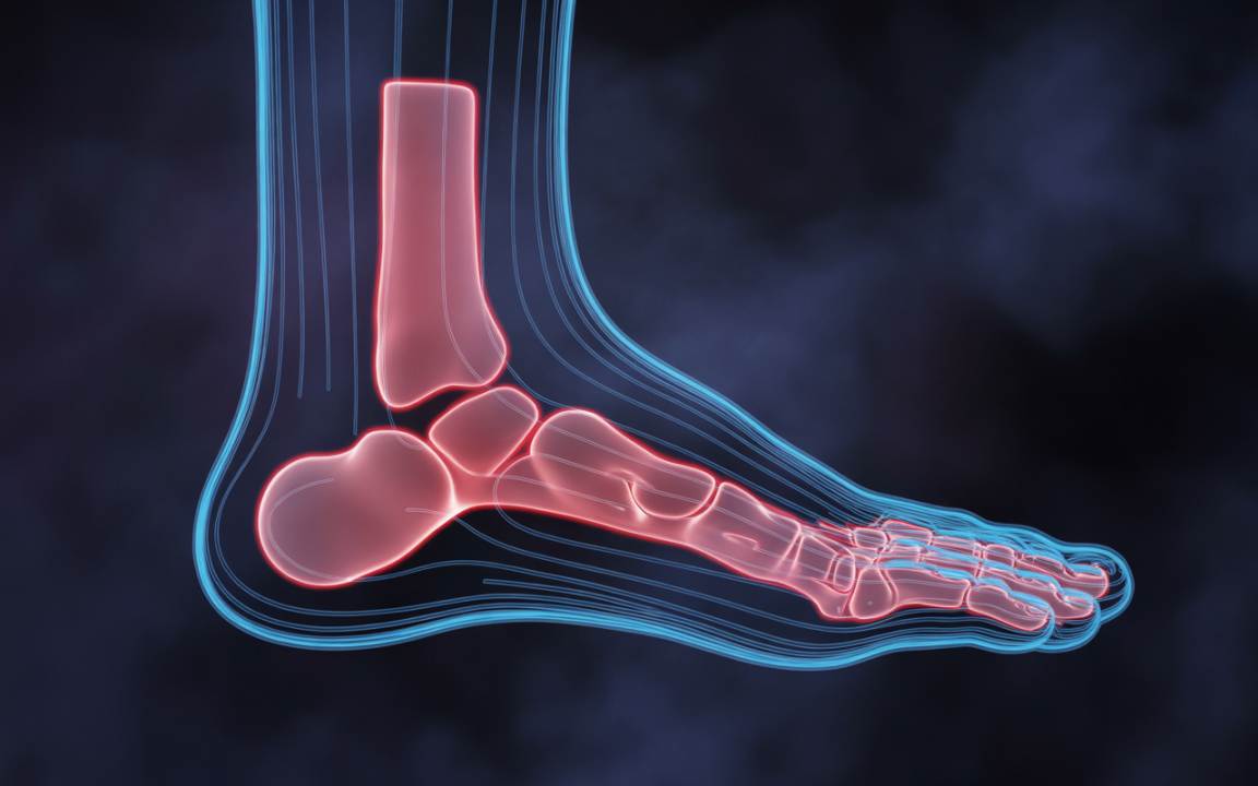 Représentation anatomique d'un pied, montrant les os et articulations en surimpression avec des lignes lumineuses. Fond sombre.