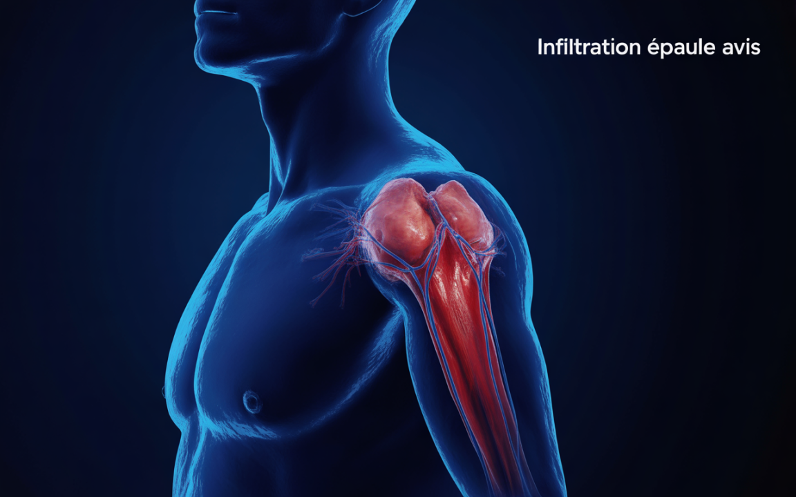 Illustration médicale d'un bras humain avec muscles et vaisseaux sanguins, mettant en avant l'épaule. Texte mentionne "Infiltration épaule avis".