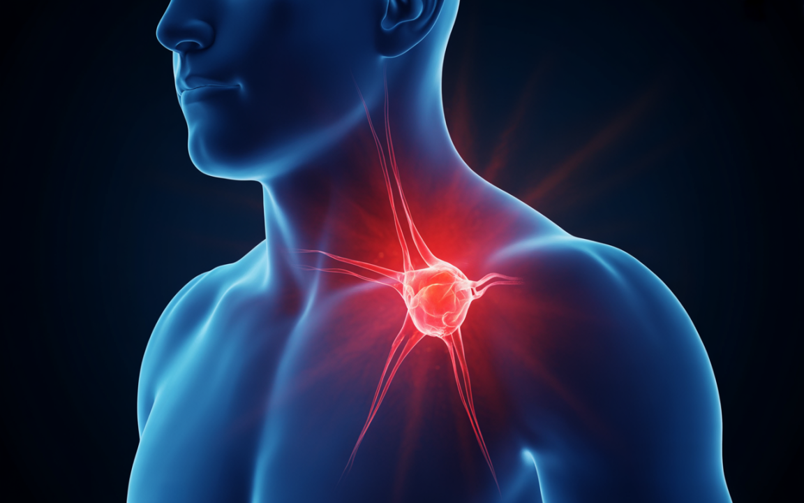 Illustration d'un corps humain en bleu avec une lueur rouge mettant en évidence une cellule nerveuse sur l'épaule. Fond sombre.