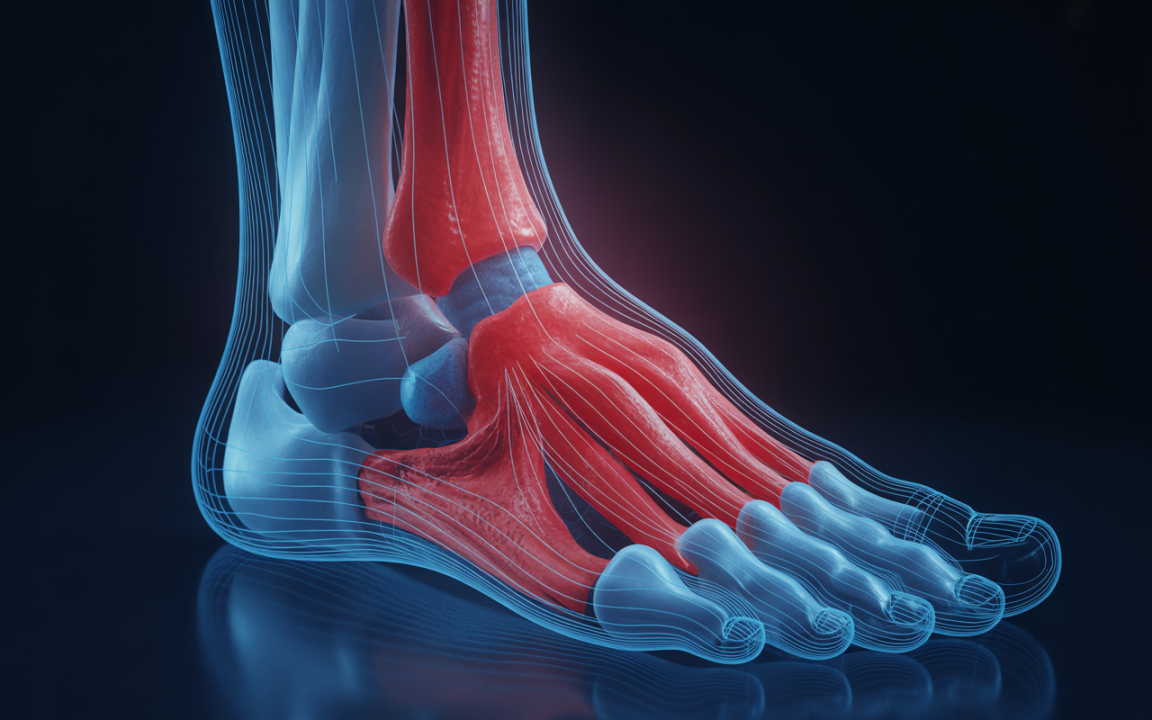 Représentation anatomique du pied humain, montrant les os et les articulations en bleu et rouge sur fond sombre.
