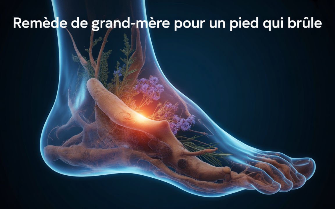 Illustration d'un pied stylisé avec des racines et des herbes. Éclat lumineux suggérant un remède naturel pour soulager une brûlure.