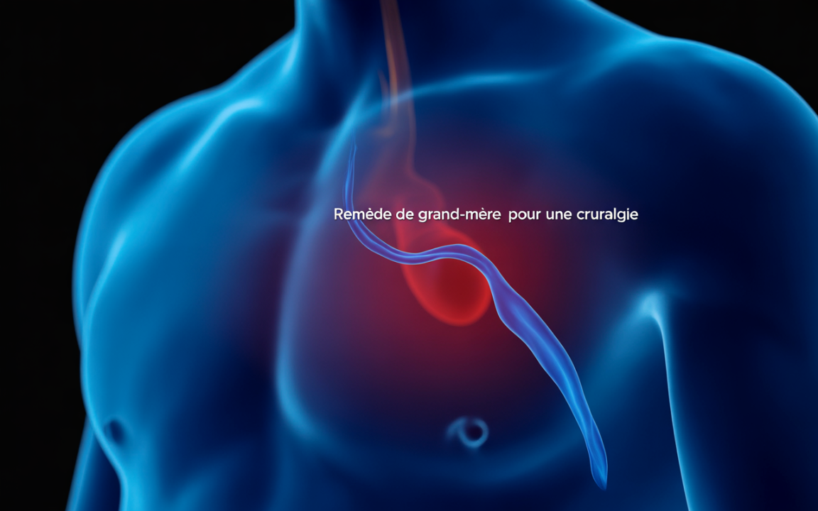 Illustration anatomique stylisée d'un torse humain avec une zone rouge indiquant une douleur, accompagnée de la mention "Remède de grand-mère pour une cruralgie".