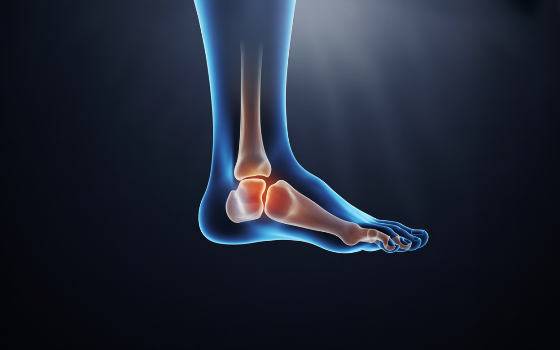 Modèle 3D d'un pied humain avec un accent sur la structure osseuse du tibia, du péroné et de la cheville.