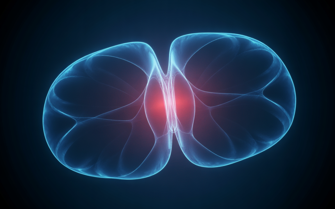 Représentation numérique d'une structure biologique, montrant deux formes translucides mythiques, se rejoignant au centre avec une lueur rouge.