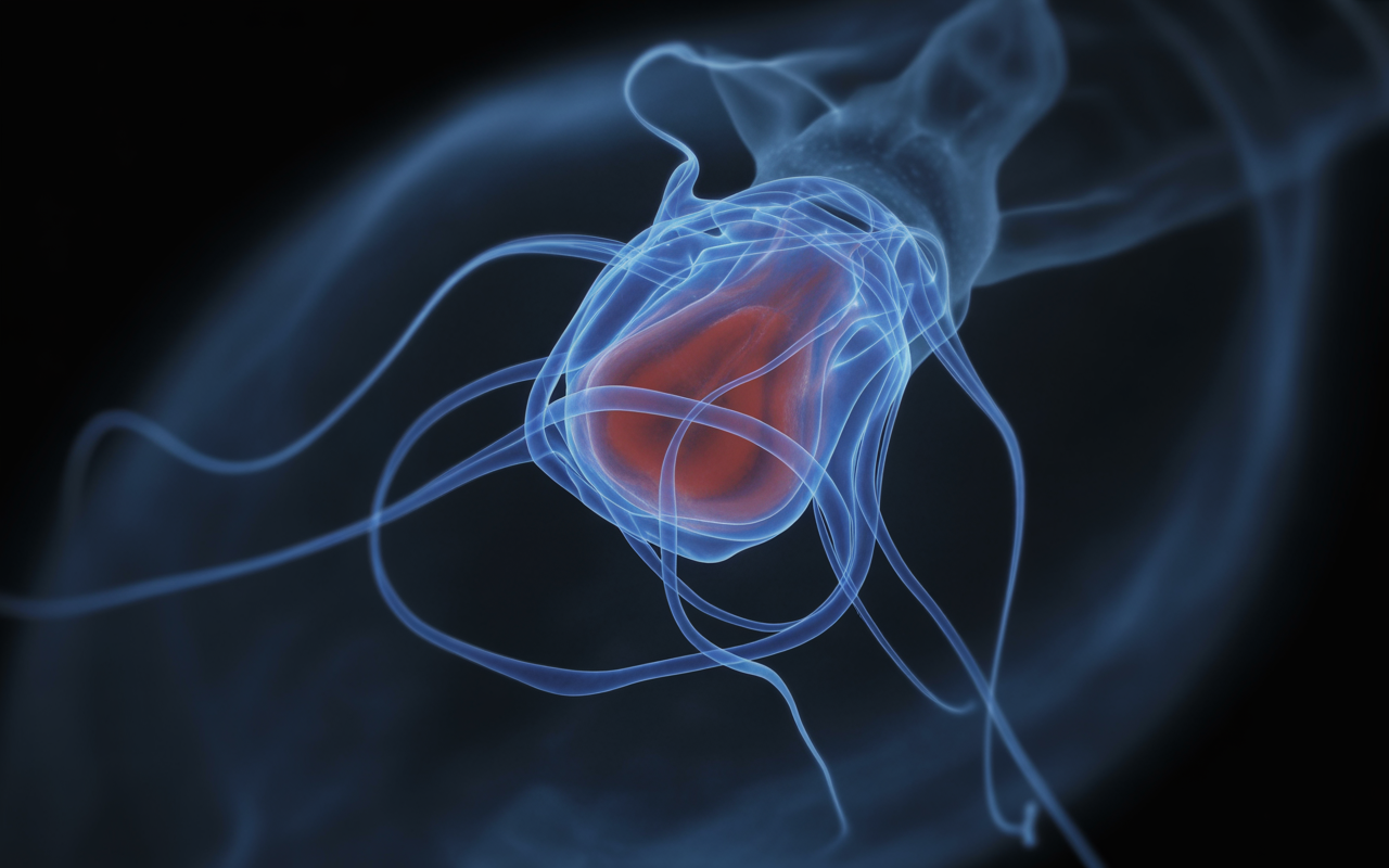 Illustration d'une méduse translucide avec des tentacules, dominant un fond noir, mettant en valeur ses couleurs rouges et bleues.