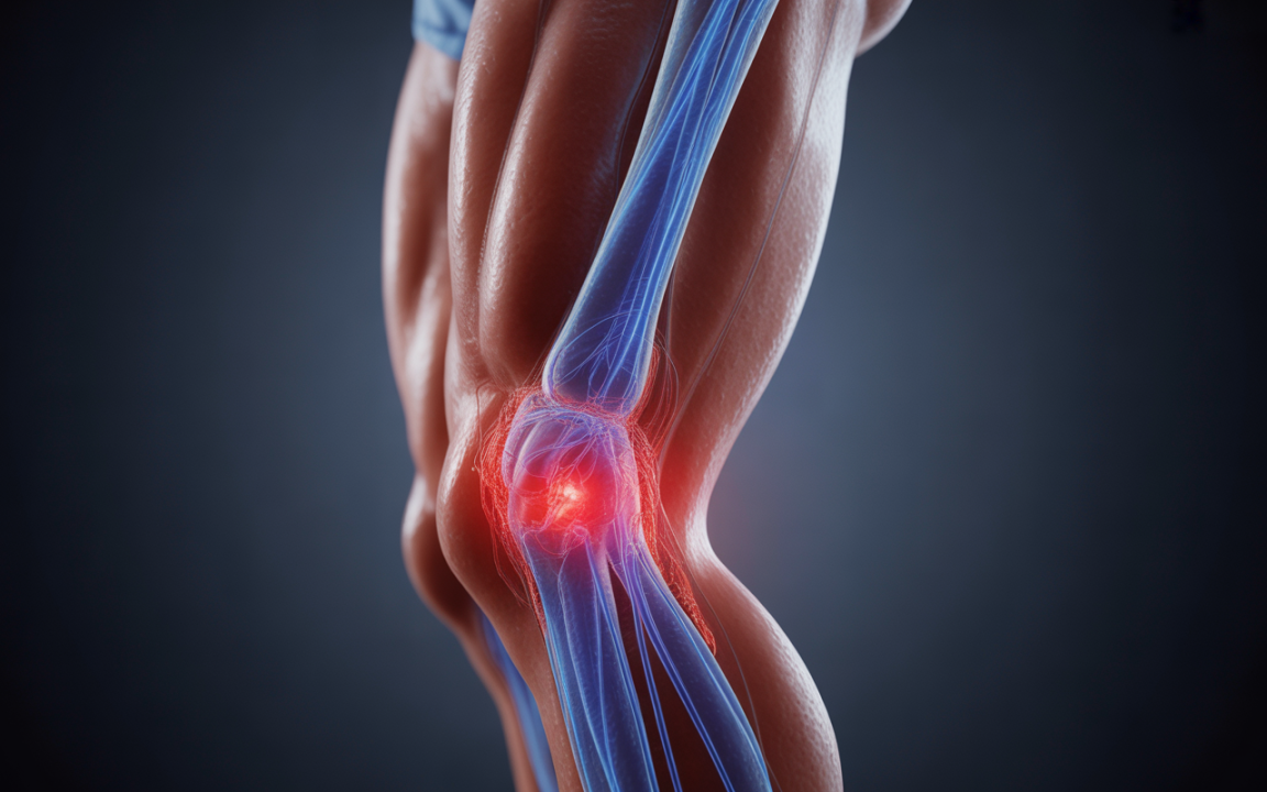 Représentation 3D d'un genou humain, mettant en évidence les muscles, tendons et une zone rouge indiquant une douleur ou inflammation.