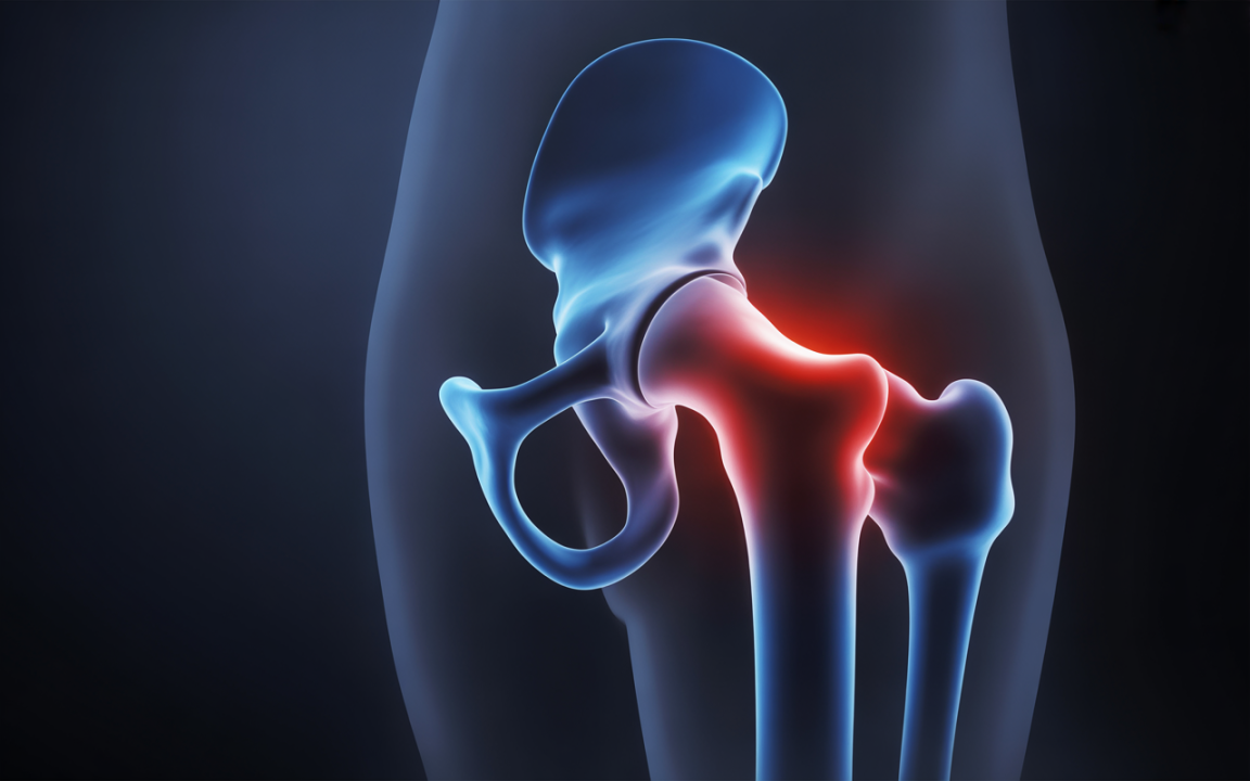 Illustration d'un joint de hanche humain, mettant en évidence une zone d'inflammation rouge sur le fémur. Fond sombre, effets lumineux.
