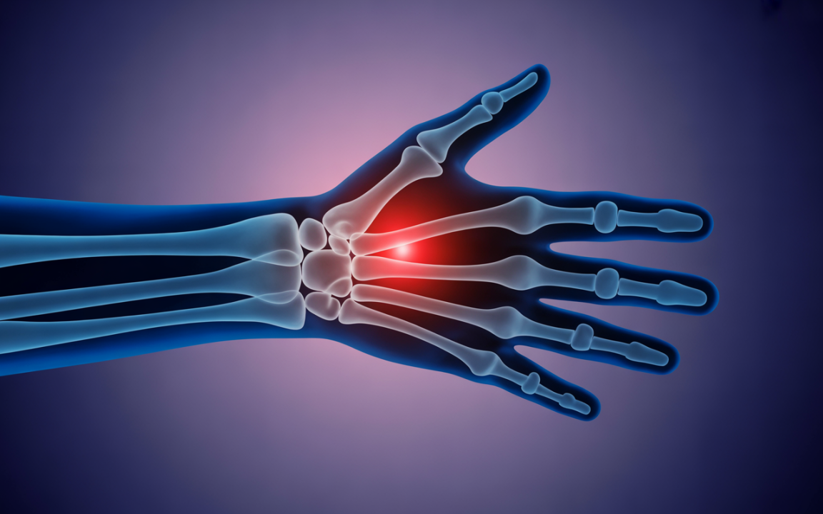 Main humaine en radiographie, montrant les os avec une zone rouge indiquant une douleur ou une inflammation. Fond dégradé violet.
