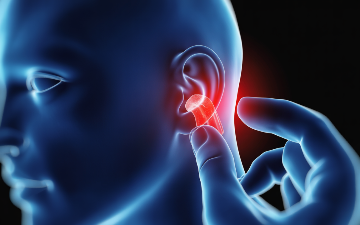 Un visage stylisé en bleu insère un écouteur rouge dans une oreille, sur fond noir.
