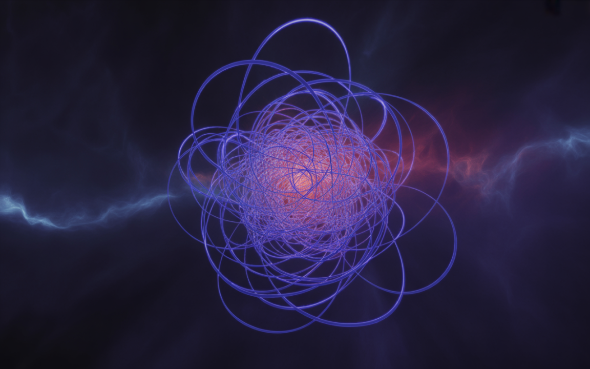 Représentation abstraite de formes spirales bleues sur fond sombre, évoquant un phénomène spatial ou atomique avec une luminosité centrale.