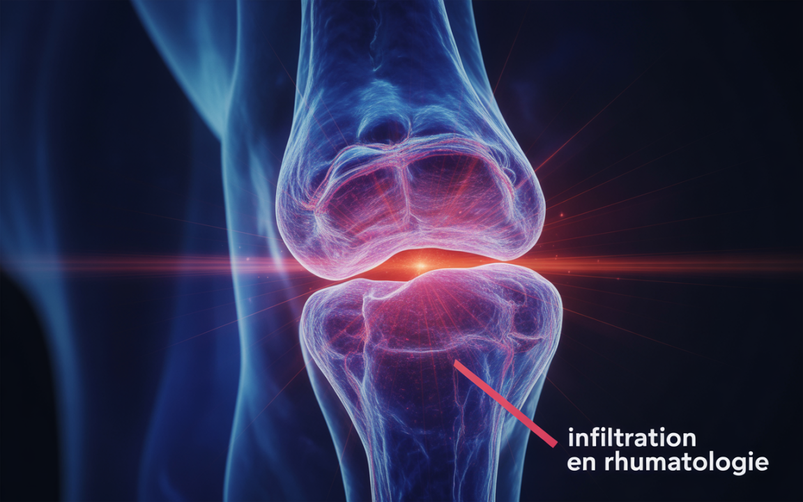 Image numérique d'un genou avec des effets lumineux, illustrant l'infiltration en rhumatologie. Mise en évidence des articulations et des tissus.