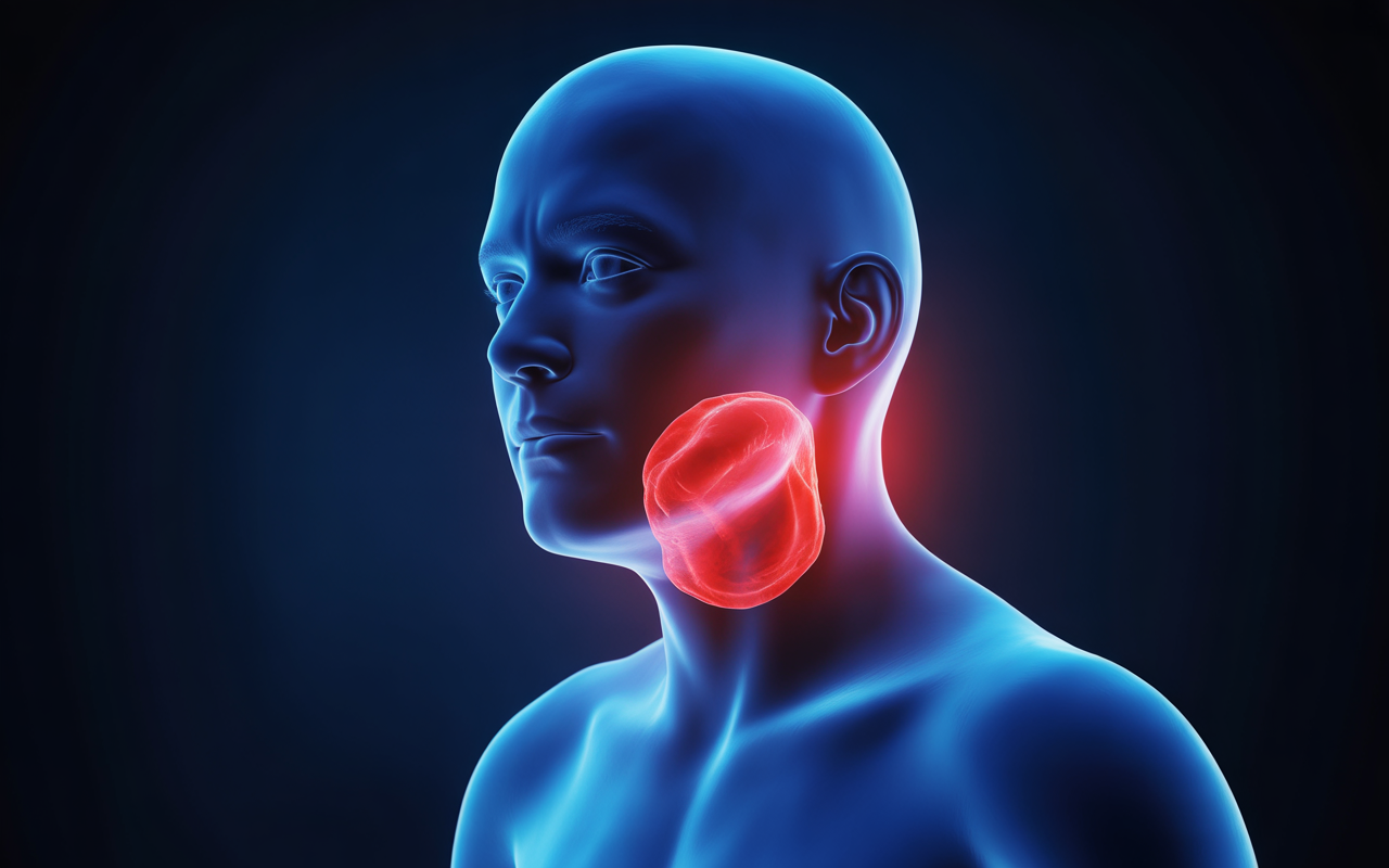 Illustration d'un visage humain en silhouette bleue, avec une structure circulaire rouge représentant une glande au niveau du cou.